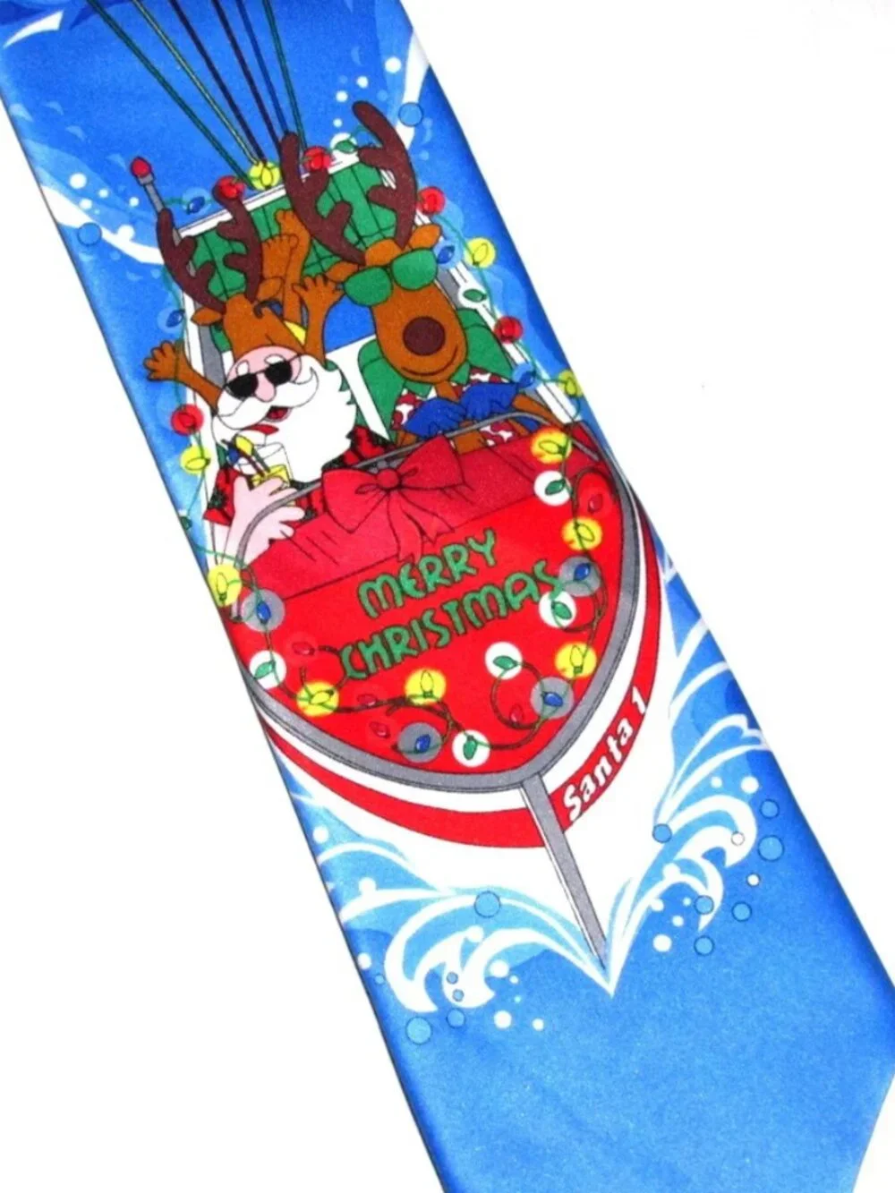 Hallmark Christmas Men's Tie Blue Speedboat Santa Skiing Reindeer Holiday